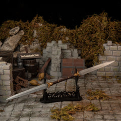 Twinblade replica (30cm sword) — displayed on the large stand.