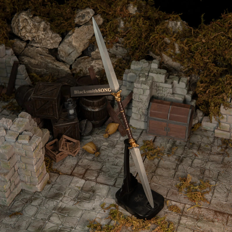 Twinblade replica (30cm sword) — displayed upright on the vertical stand.
