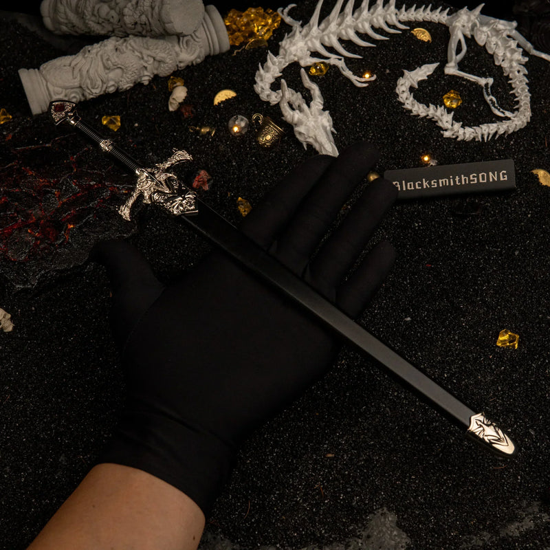 Blackfyre replica (30cm die-cast zinc alloy sword) — held in hand for scale. 