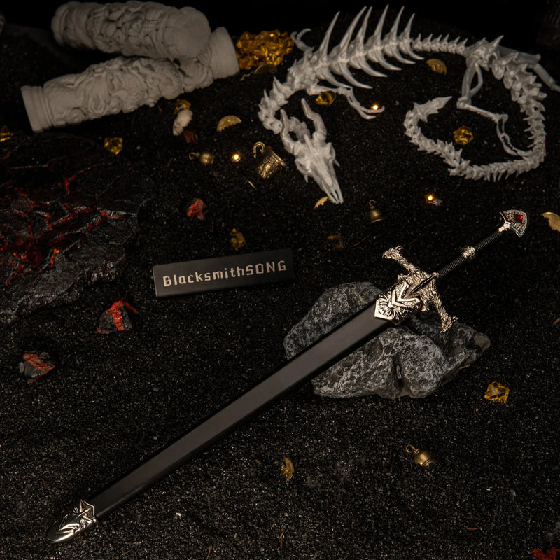 Blackfyre replica — sheathed in its black scabbard among gold coins and dragon bones.