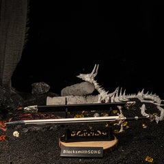 Blackfyre replica — large display stand, angled view beside the dragon skeleton.