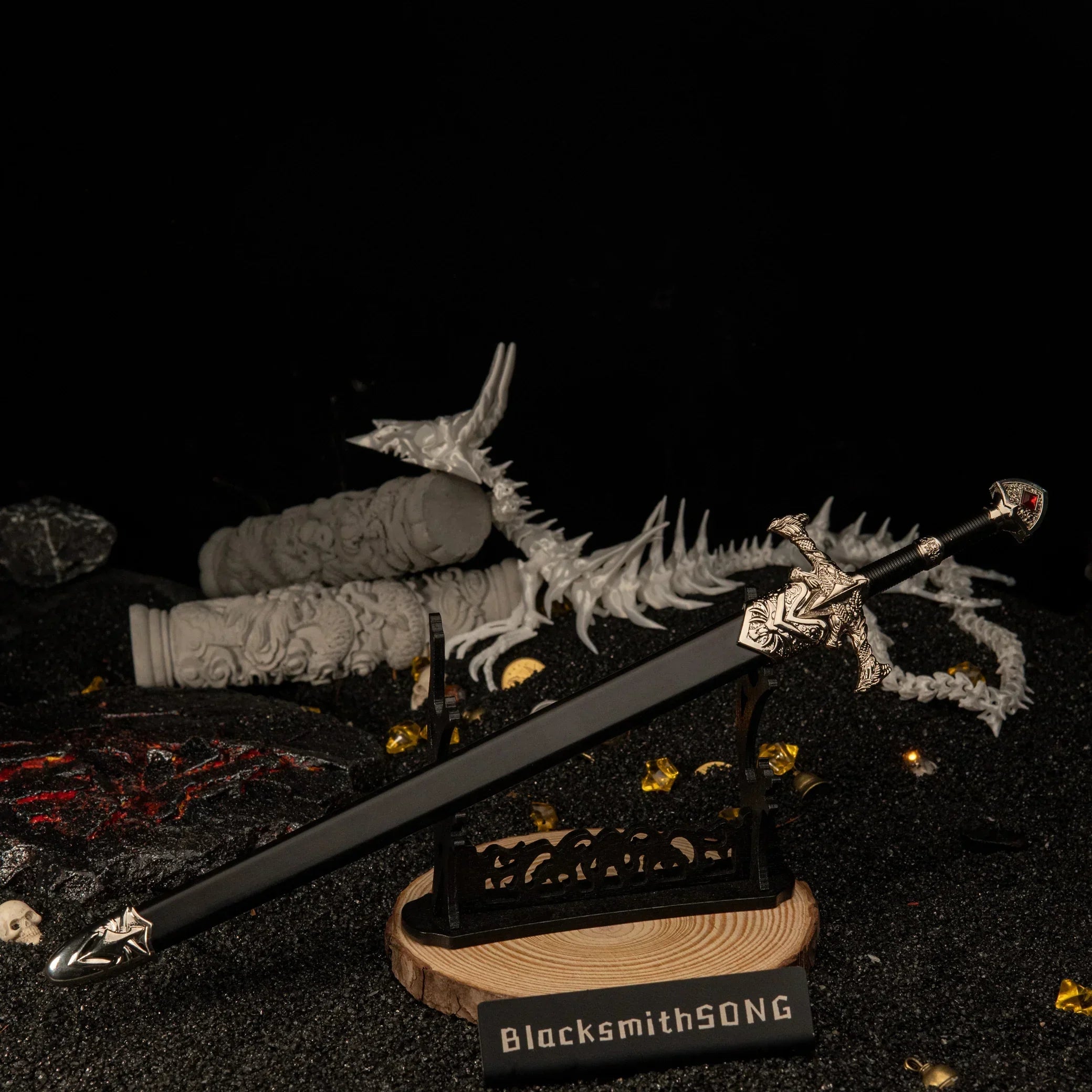 Blackfyre sword displayed on a large wooden stand with the BlacksmithSONG logo and dragon bone decor.