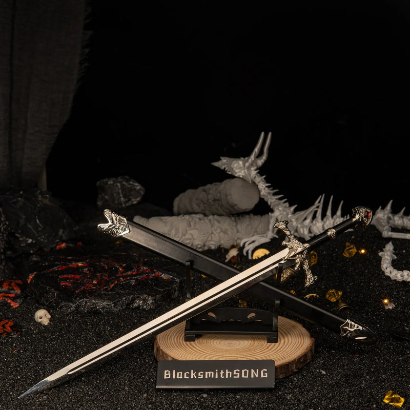 Blackfyre replica — small display stand, low angle across the black sand set.