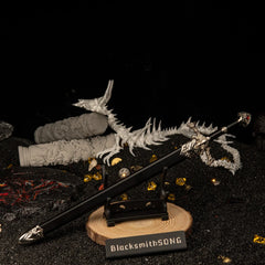 Blackfyre replica — resting on the small display stand.