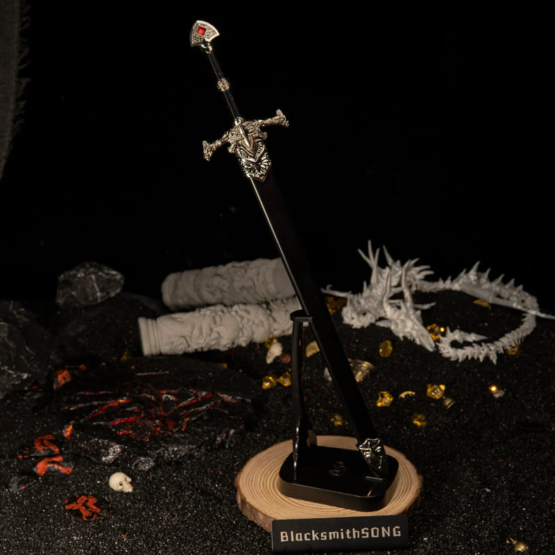 Blackfyre replica — standing point-down on the vertical stand.