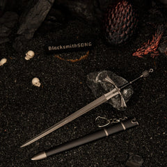 Dark Sister replica (22cm die-cast zinc alloy sword) — hero shot in a handcrafted dragon-nest diorama, by BlacksmithSONG.
