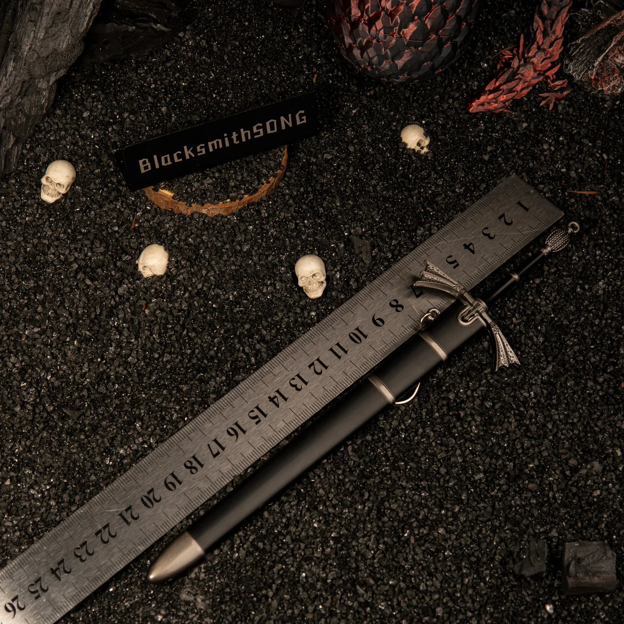 Ruler measuring the Dark Sister sword model, confirming its 22cm length for collectors.