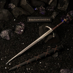 Dawn Sword replica (22cm die-cast zinc alloy sword) — hero shot on black sand with raw amethyst, by BlacksmithSONG.