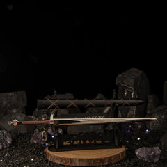 Dawn Sword replica — large stand shown from a second angle with the blade tilted.