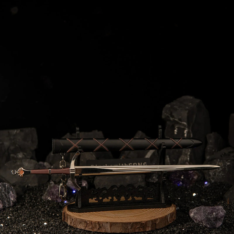 Dawn Sword replica — large stand shown from a second angle with the blade tilted.