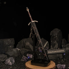 Dawn Sword replica — standing upright on the vertical stand.