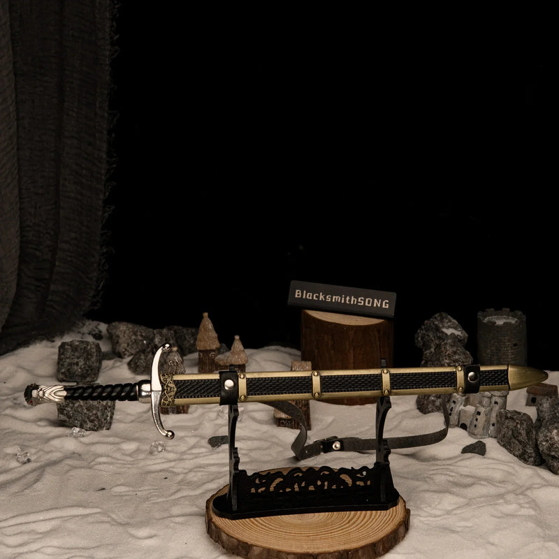 Longclaw replica — large display stand, angled view with the scabbard behind.