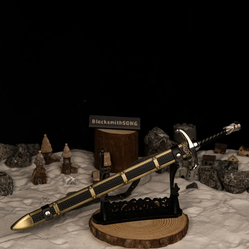 Longclaw replica — resting horizontally on the large display stand.
