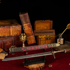 Oathkeeper replica — large display stand, angled view with the scabbard upright.