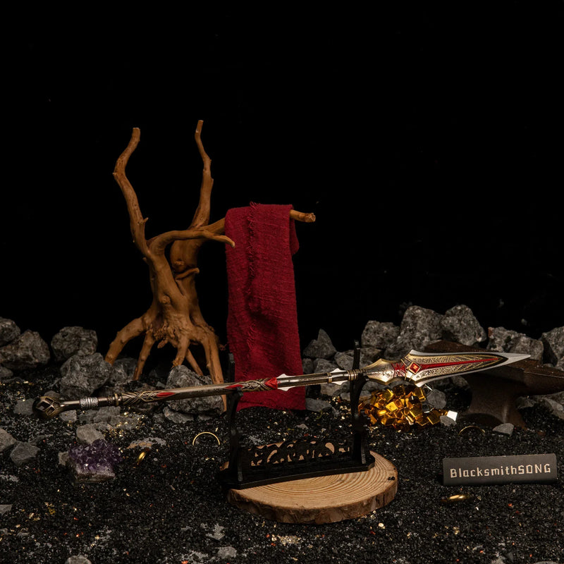 Draupnir Spear replica — large stand display, second angle beside the red cloth backdrop.