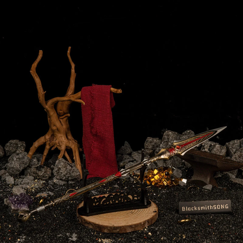 Draupnir Spear replica — displayed on the large stand in the forge diorama.