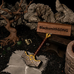Mjolnir replica (13cm die-cast zinc alloy hammer) — hero shot in a cracked-floor forge diorama, by BlacksmithSONG.