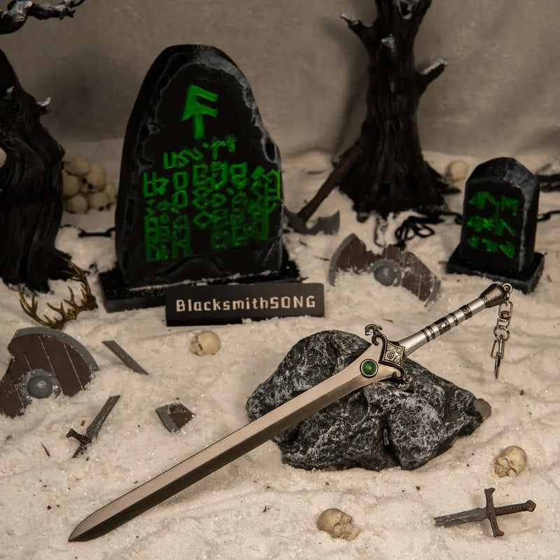 Skofnung replica — alternate angle in the handcrafted graveyard diorama.