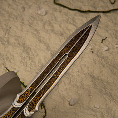 Blade of Olympus replica — blade and gold filigree fuller close-up.
