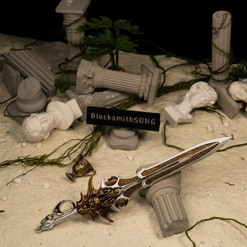 Blade of Olympus replica — second angle in the handcrafted ruined temple set.