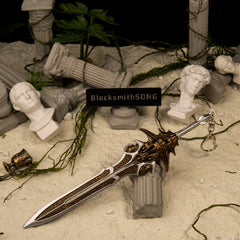 Blade of Olympus replica (21cm die-cast zinc alloy sword) — hero shot in a ruined temple diorama, by BlacksmithSONG.