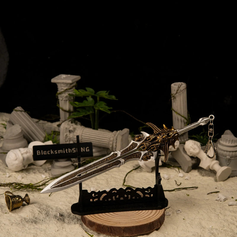 Blade of Olympus replica — displayed on the large stand among the fallen columns.