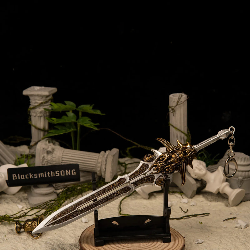 Blade of Olympus replica — displayed on the small stand in the temple ruins.