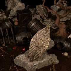 Dauntless Shield replica (12.5cm die-cast zinc alloy shield) — hero shot in a battle-scarred outpost diorama, by BlacksmithSONG.