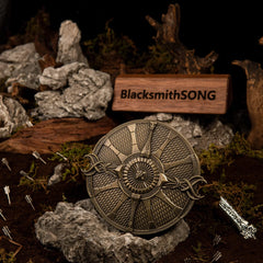 Guardian Shield replica (10cm die-cast zinc alloy shield) — hero shot in a battlefield-aftermath diorama, by BlacksmithSONG.