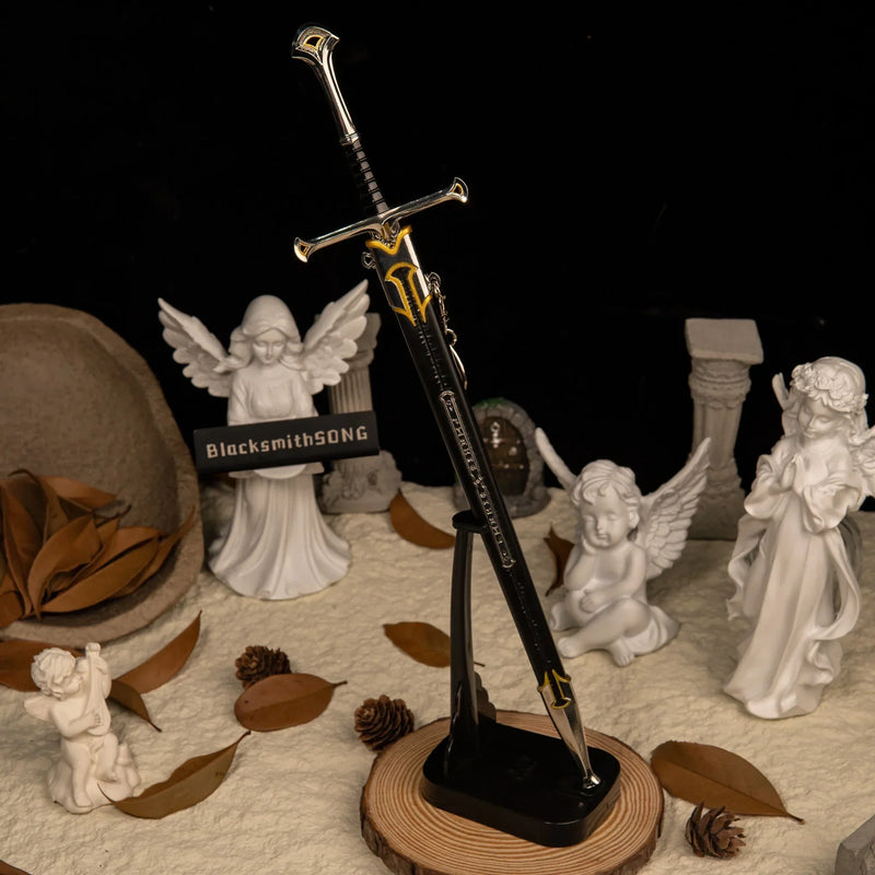 Andúril replica — standing upright on the vertical stand at full height.