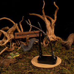 Bow of the Galadhrim replica — standing upright on the vertical stand at full height.