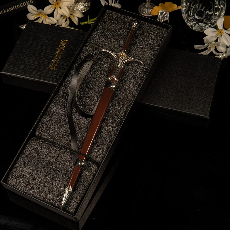 Galadriel Sword replica — in its foam-lined gift box, sword and scabbard laid inside.