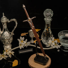 Galadriel Sword replica — standing upright on the vertical stand at full height.
