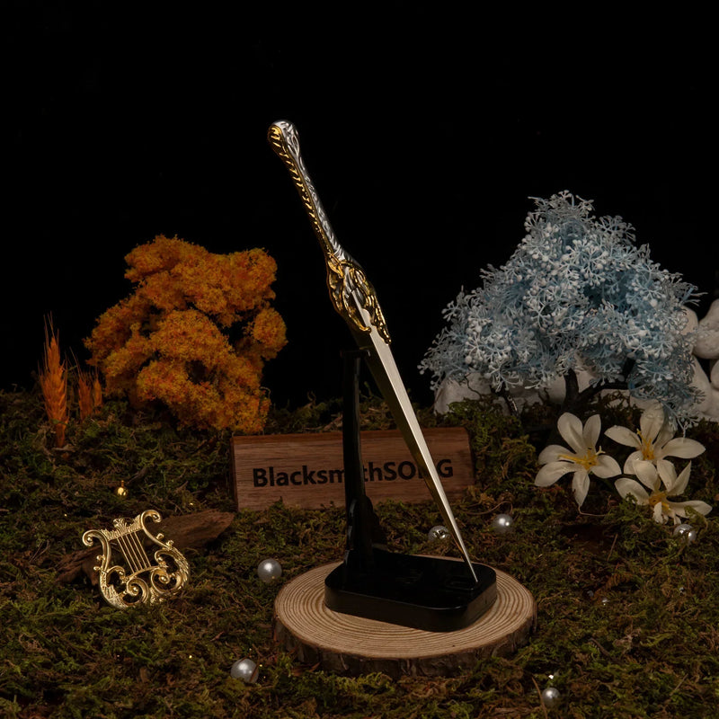 Galadriel's Dagger replica — standing upright on the vertical stand at full height.