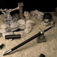 Glamdring replica — sheathed in its black scabbard, angled on a stone plinth in the handcrafted ruin set.