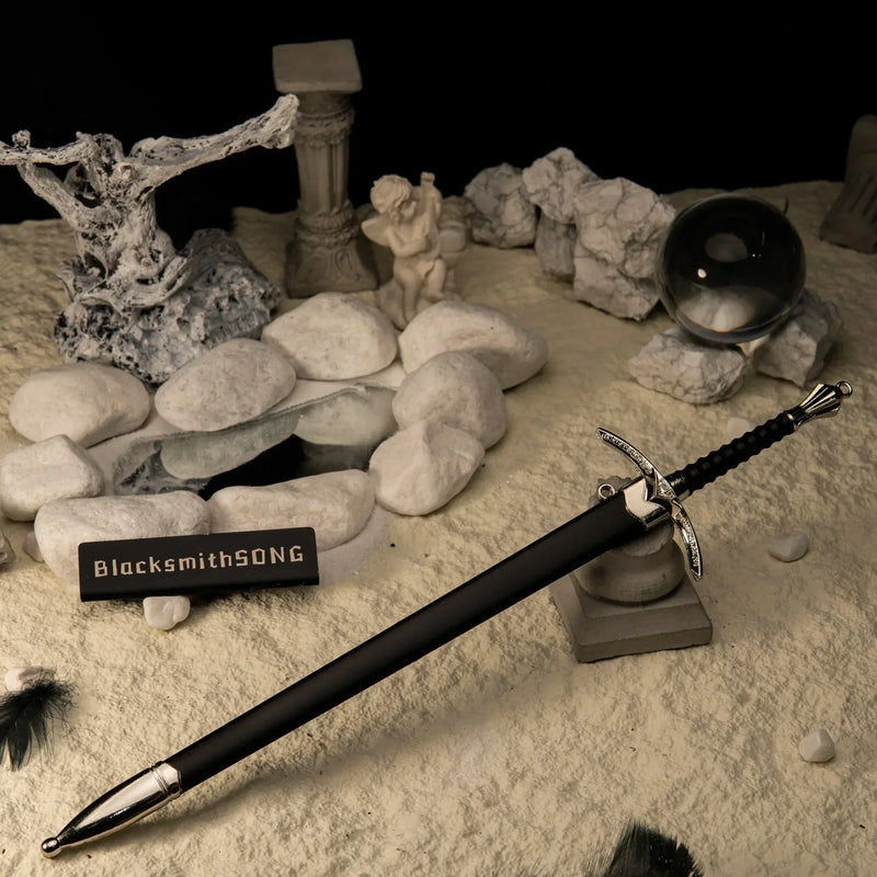 Glamdring replica — sheathed in its black scabbard, angled on a stone plinth in the handcrafted ruin set.
