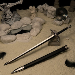 Glamdring replica (30cm die-cast zinc alloy sword) — drawn beside its scabbard in a lakeside ruin set, by BlacksmithSONG.