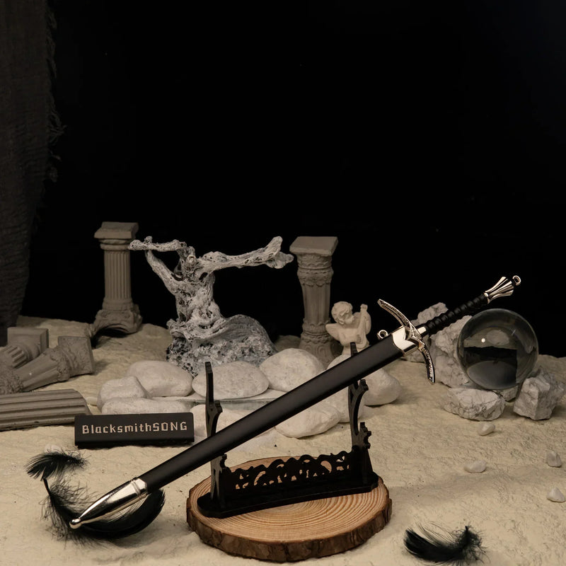 Glamdring replica — laid across the large display stand against a dark backdrop.