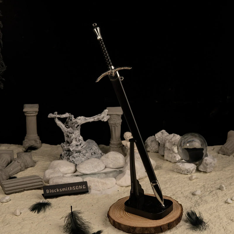 Glamdring replica — held upright by the vertical stand at full height.