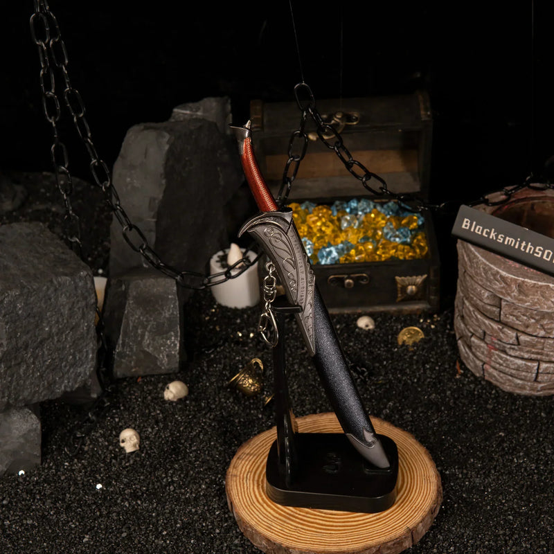 Orcrist replica — standing upright on the vertical stand at full height.