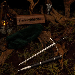 Ranger Sword replica (22cm die-cast zinc alloy sword) — laid beside its scabbard in a forest campfire set, by BlacksmithSONG.