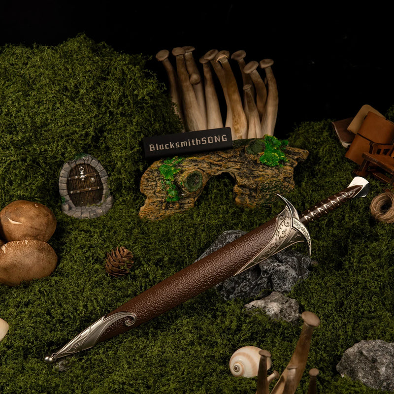 Sting replica — wider view of the handcrafted green hollow with a round door and tall mushrooms.