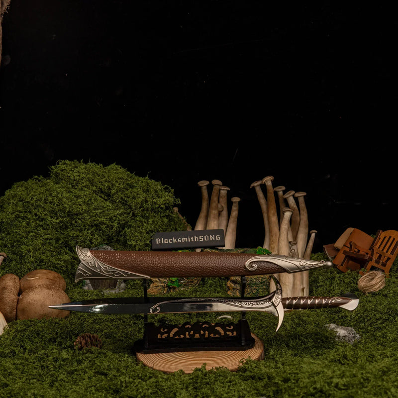 Sting replica — angled view on the large display stand beside the mushroom cluster.