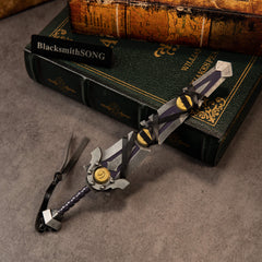 Armageddon replica (22cm die-cast zinc alloy greatsword) — violet-inlaid plates on antique books, by BlacksmithSONG.
