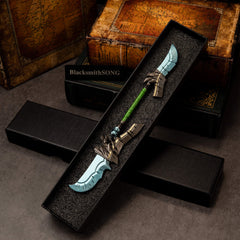 Cloudsong Glaive replica — in its black foam-lined gift box.