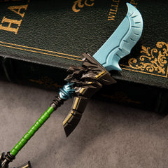 Cloudsong Glaive replica — gunmetal guard with gold inlay, teal blade and green grip wrap up close.