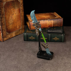 Cloudsong Glaive replica — standing upright on the vertical stand with a round base.
