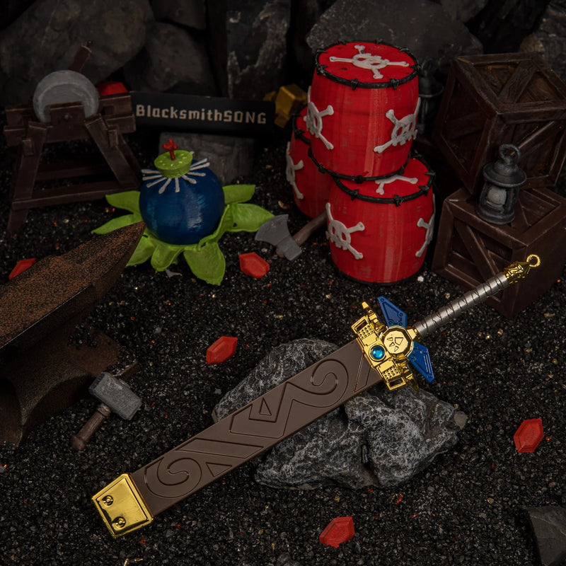 Biggoron's Sword replica — laid beside its scabbard among scattered gems and forge tools.