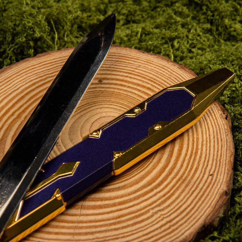 Master Sword replica — blade and hilt resting on a cut log cross-section.