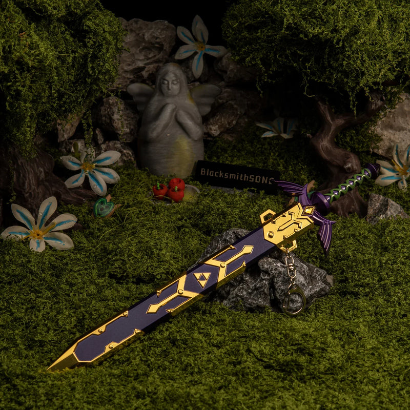 Master Sword replica — laid across a moss altar with a hooded stone figure in the background.